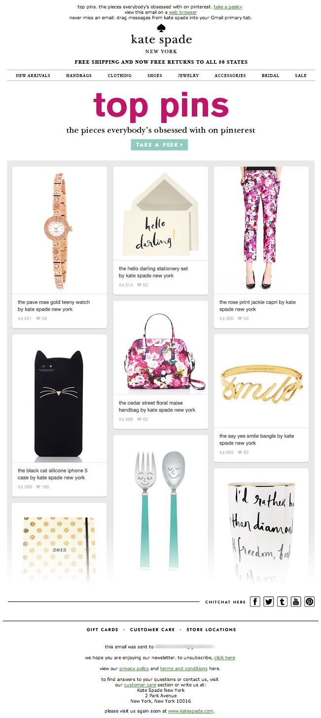 Kate Spade Email Review: Is It a Pinteresting Integration of Email and  Social Media? | Email Design Sample